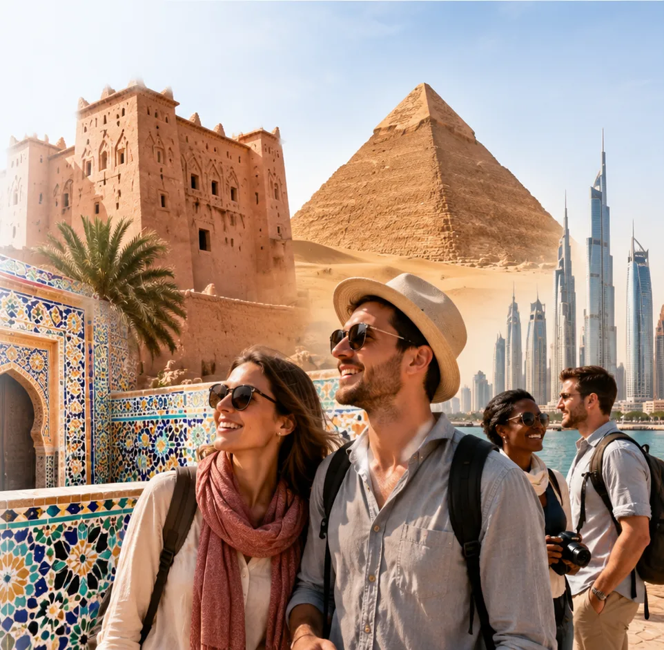 Morocco kasbahs and zellige, Egypt pyramids, Gulf skylines and travelers